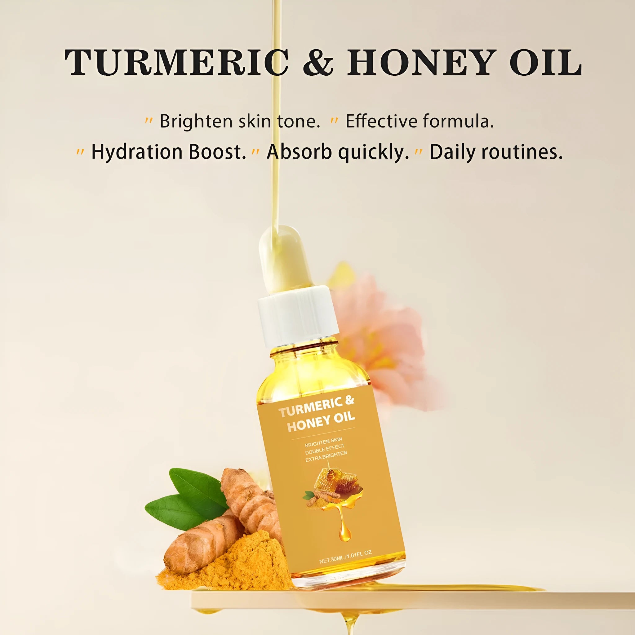 30ml turmeric honey essential oil in amber glass bottle with dropper for facial beauty applications