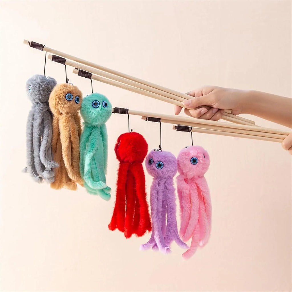 Octopus-themed furry cat toy with realistic eyes on 40cm flexible stick in pink colour