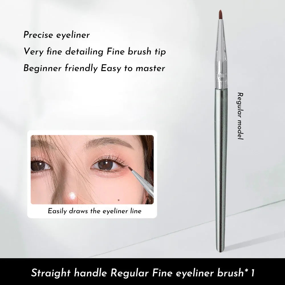 Angled bend head eyeliner makeup brush for detail eye work and tear trough application.