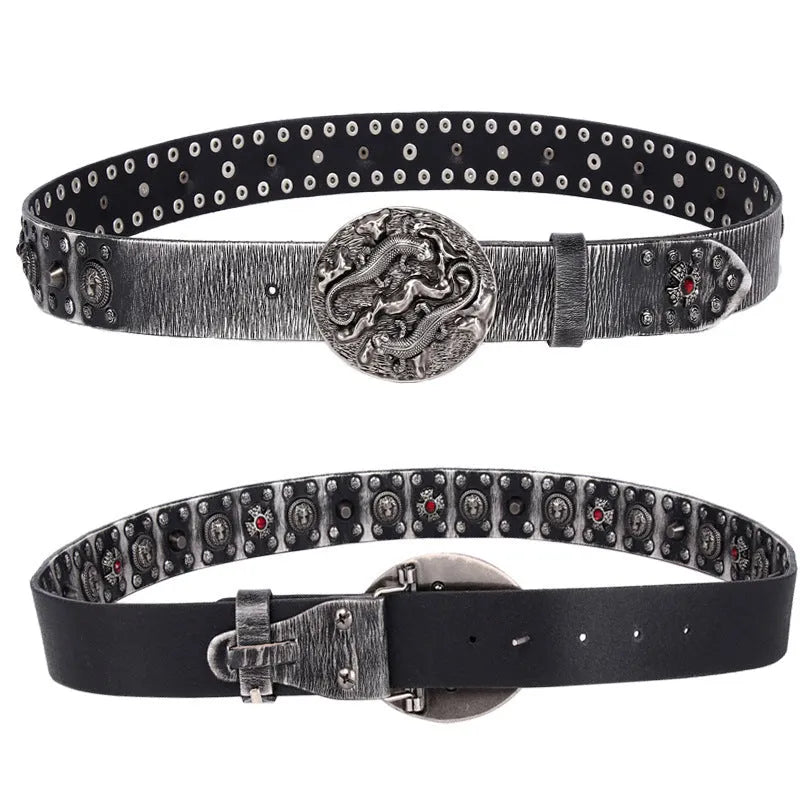 Men's black genuine leather belt with silver punk rivets and an alloy buckle laid flat.