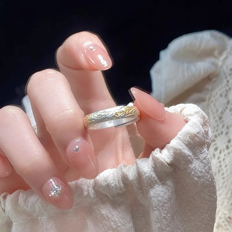 J14 Xiangyun pattern adjustable open ring in electroplated silver and gold on white copper