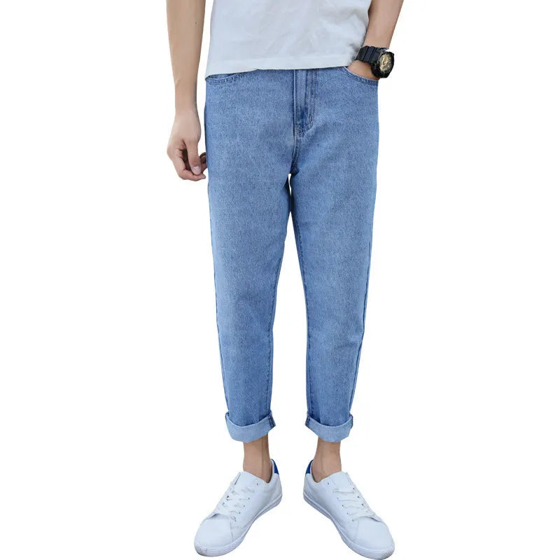 Men's loose straight-leg harem jeans in blue denim fabric