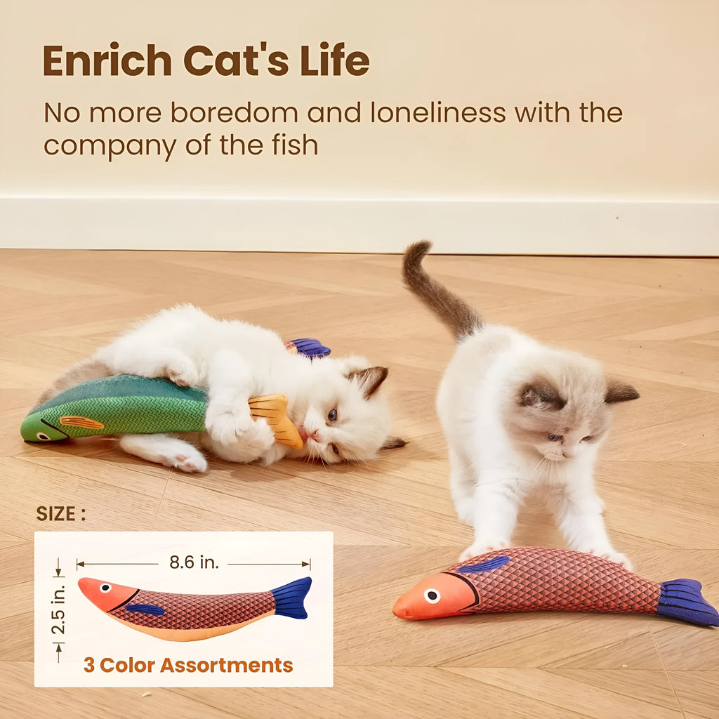 Soft plush catnip fish kicker toy in green colour with organic filling and crinkle sound elements