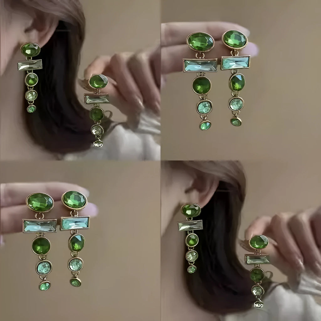 Green zircon and gradient tassel geometric alloy earrings in a retro Chinese style.