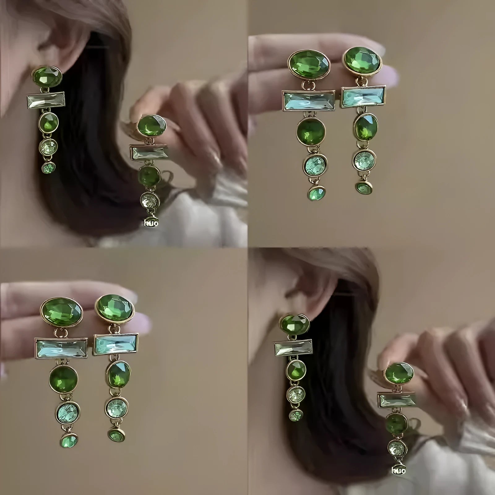 Green zircon and gradient tassel geometric alloy earrings in a retro Chinese style.