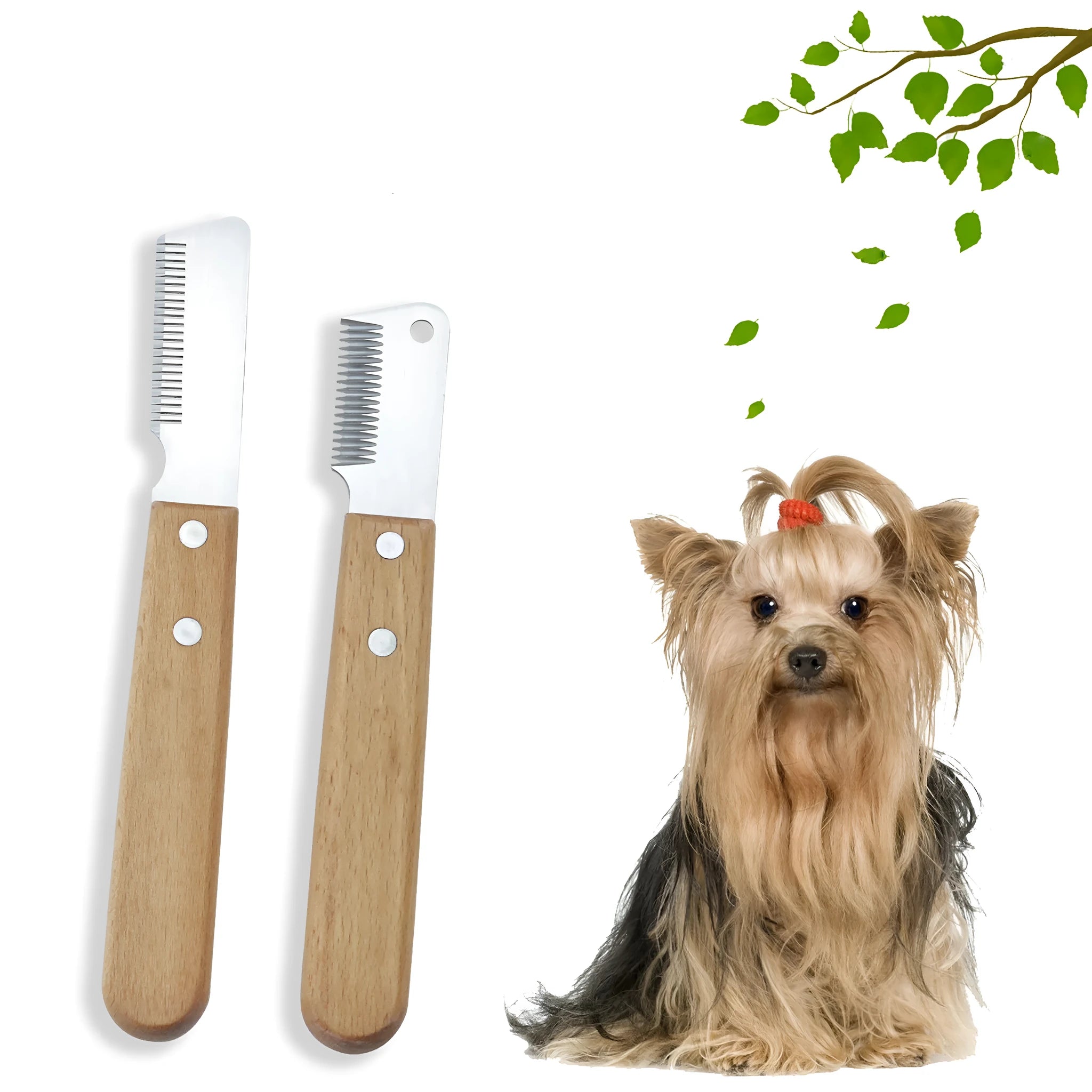 Pet stripping comb with wooden handle and metal fittings in two sizes