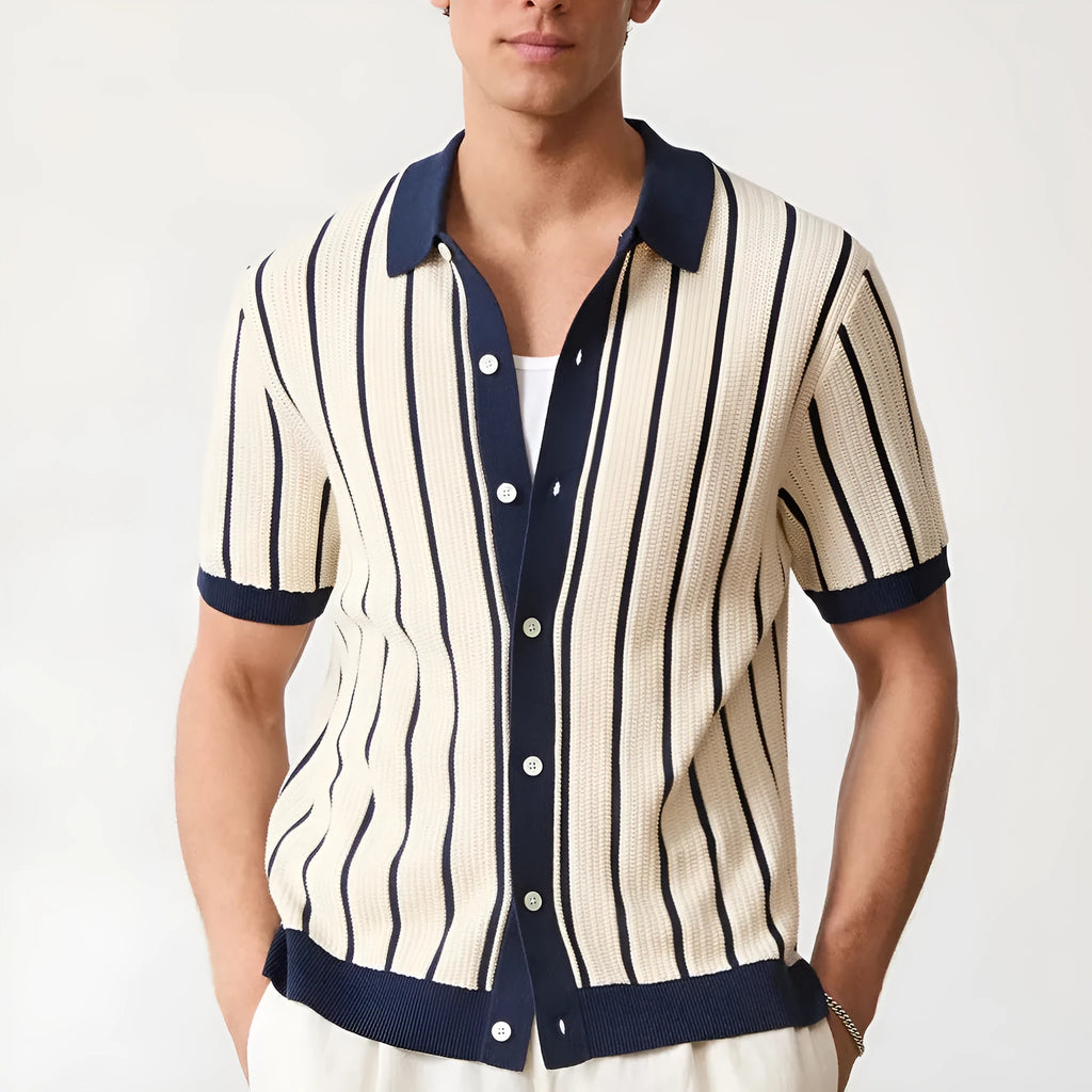 Men's white short sleeve knitted top with an asymmetrical lapel, made from ice silk spandex fabric.