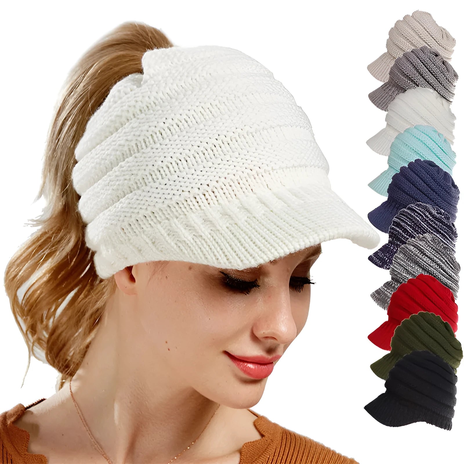 Women's acrylic ponytail beanie with back opening showing hairstyle accommodation