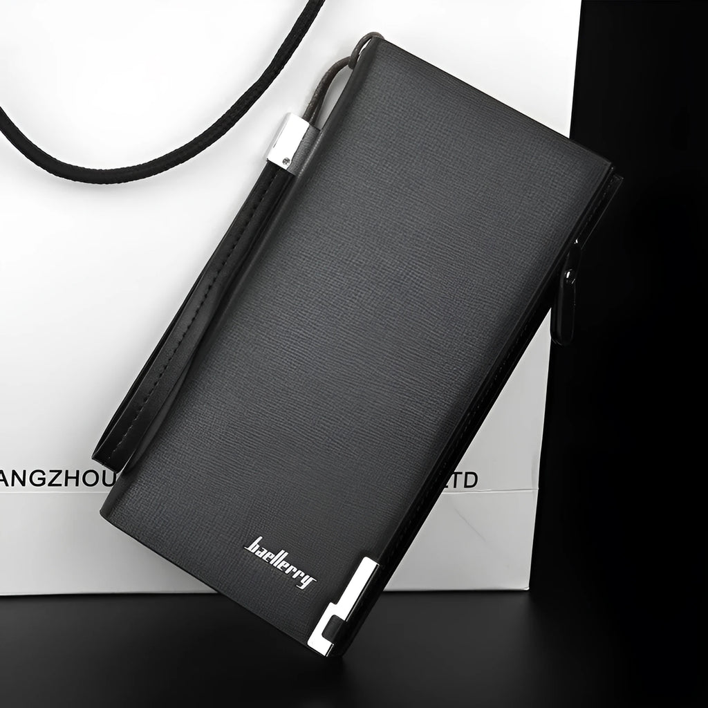 Men's long black PU leather zip wallet with a closed zip, showing a multifunctional design.