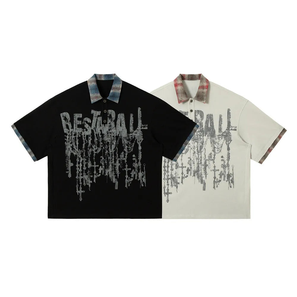 Men's loose fit blue cotton short-sleeved top with graffiti print and asymmetric lapel.