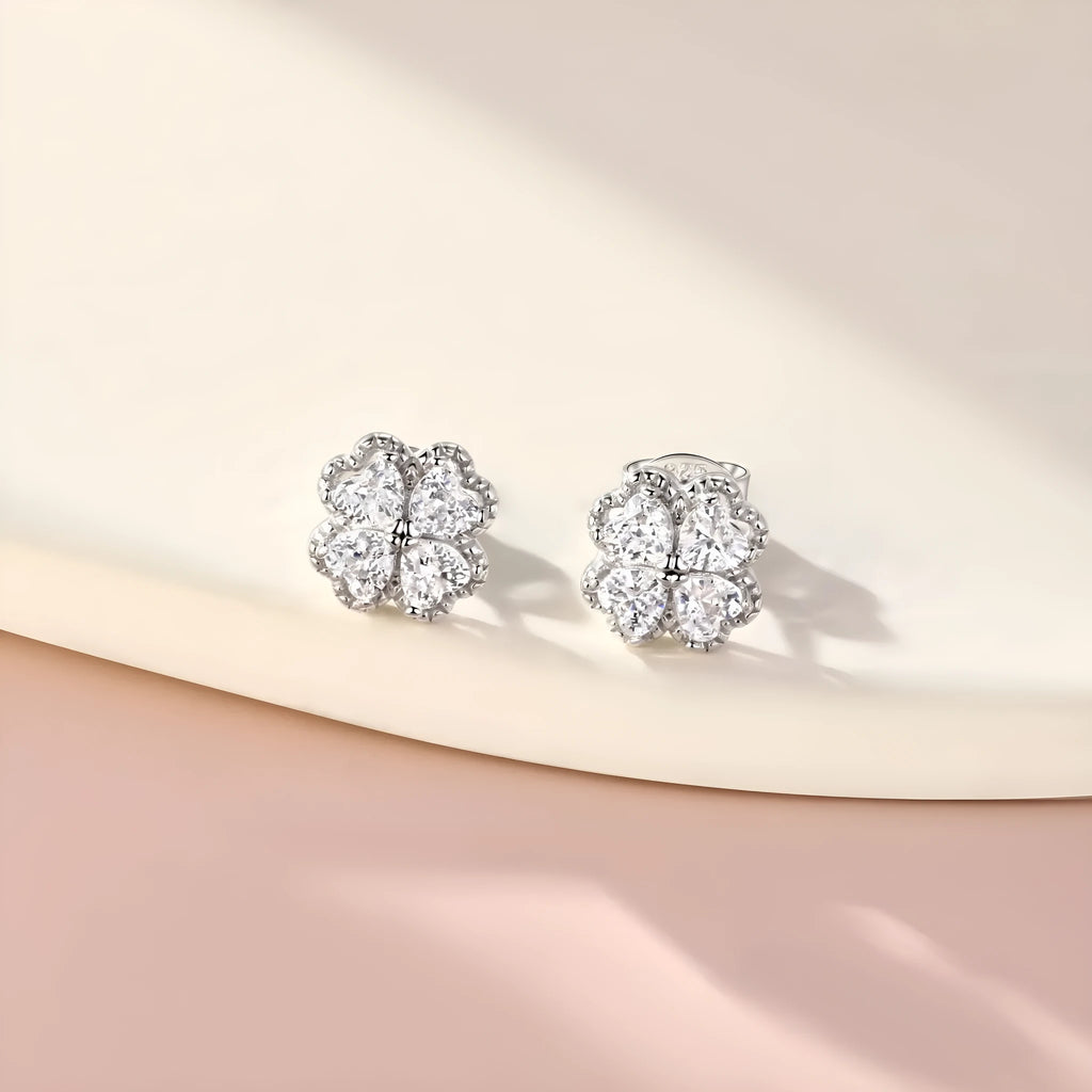 925 silver heart-shaped earrings with white gold colour finish and zircon stone inlay featuring four-leaf clover design