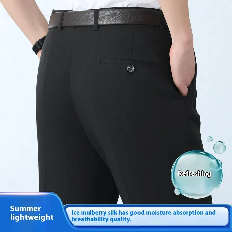 Men's non-iron mulberry silk blend business trousers in straight leg cut with high waist
