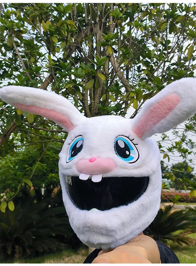 Long eared white rabbit plush cover on an electric motorcycle helmet.
