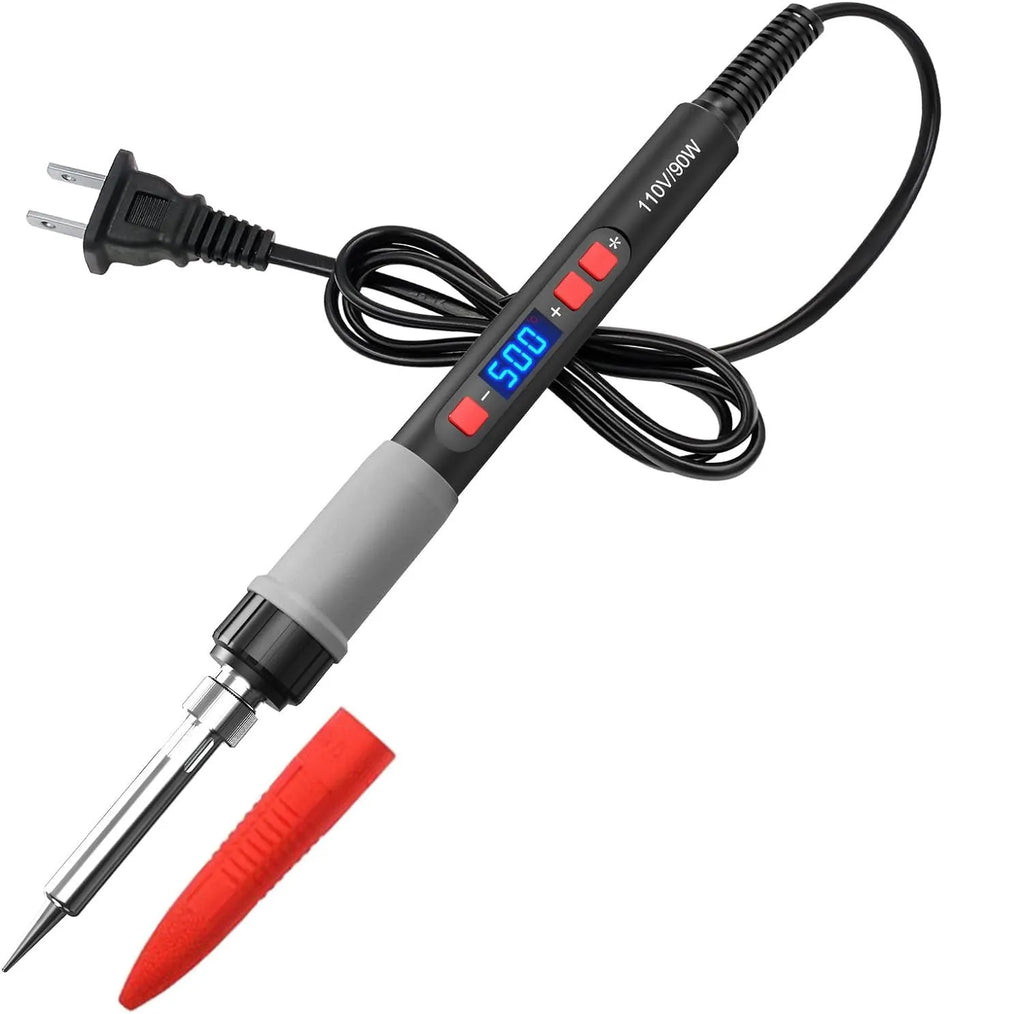 Grey 90W electric soldering iron with ceramic heating core, five tips, sponge, and tin wire for electronic repairs