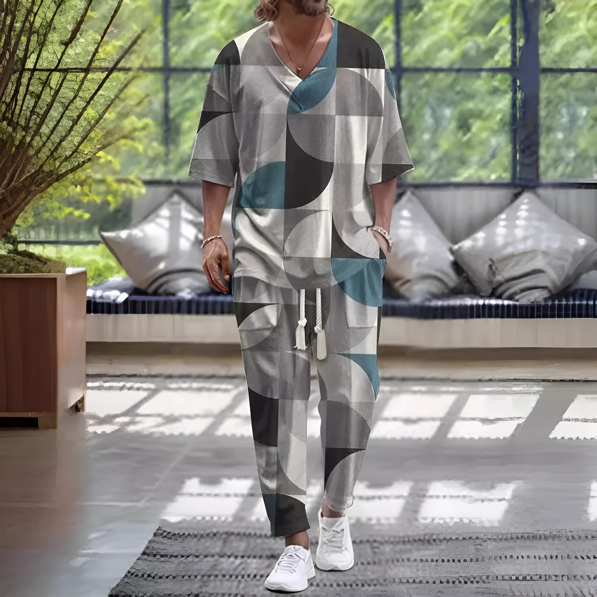Cropped sleeves V-neck trousers suit in lightweight polyester fabric with matching trousers