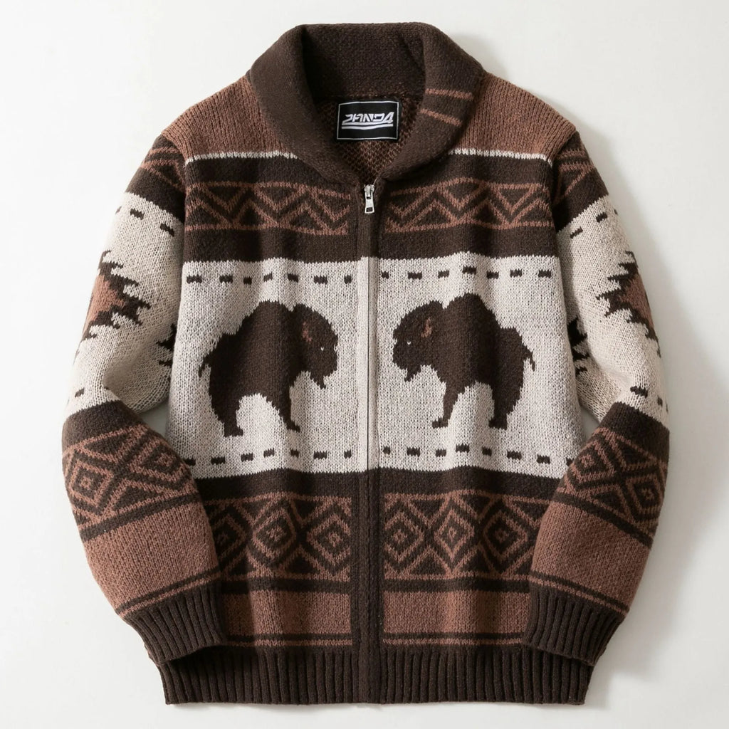 Men's brown retro jacquard knit thickened deer fleece cardigan with long sleeves