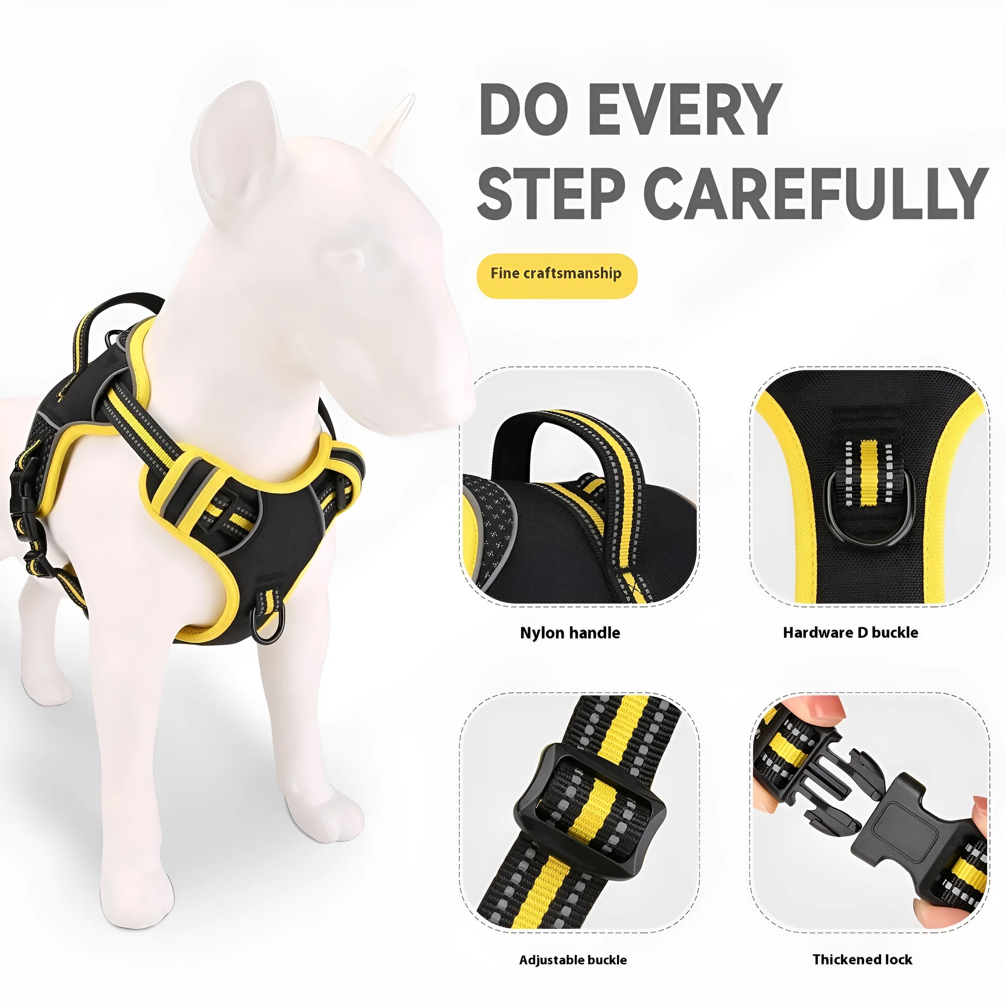Orange polyester dog harness with metal buckle shown on adjustable strap for outdoor walking