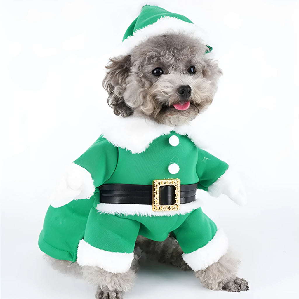Red polyester dog Christmas sweatshirt with matching hat
