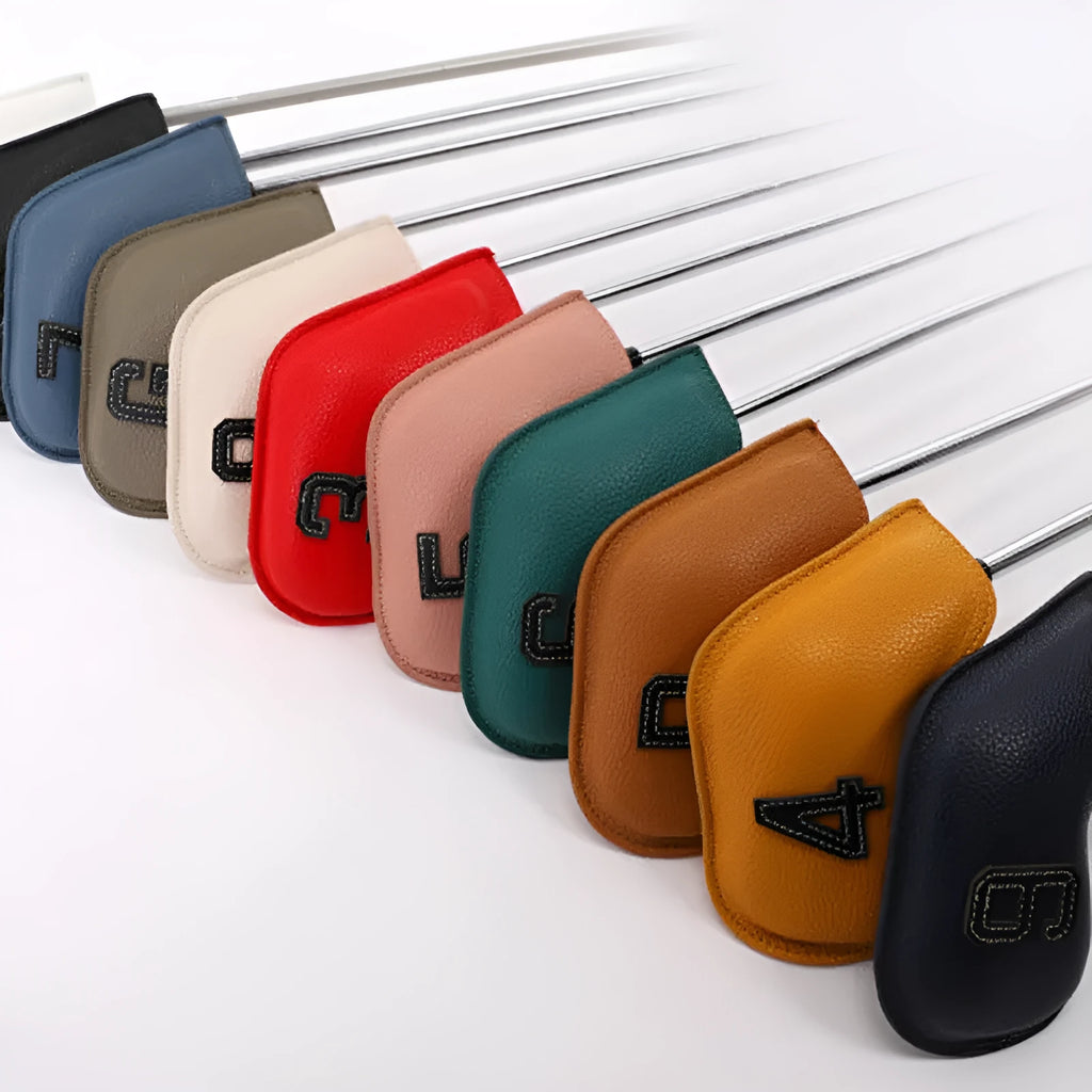 Set of 10 digitally printed PU golf club head covers for complete club protection