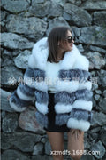 Women's loose artificial fur hooded coat in brown and white silver fox colours, medium length 65cm street fashion outerwear