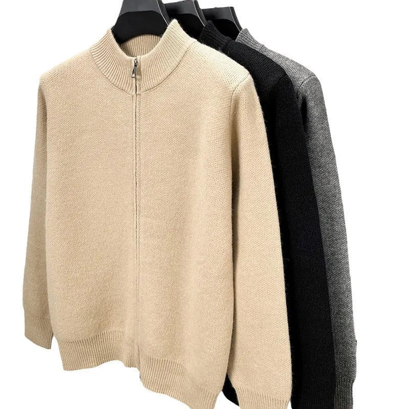 Men's grey knitted zip-up cardigan with high stand collar on hanger