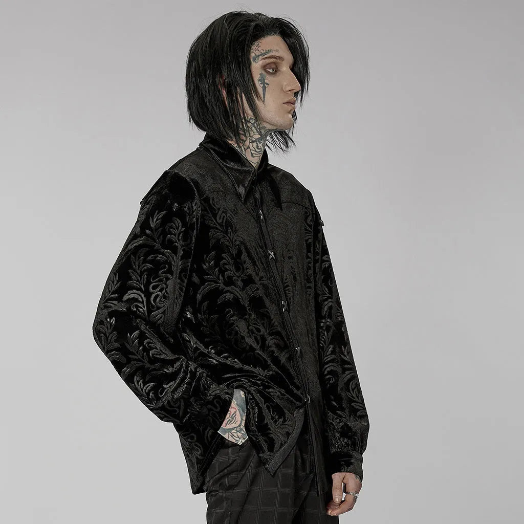 Black Gothic style men's velvet shirt with pointed collar and decorative flocking details