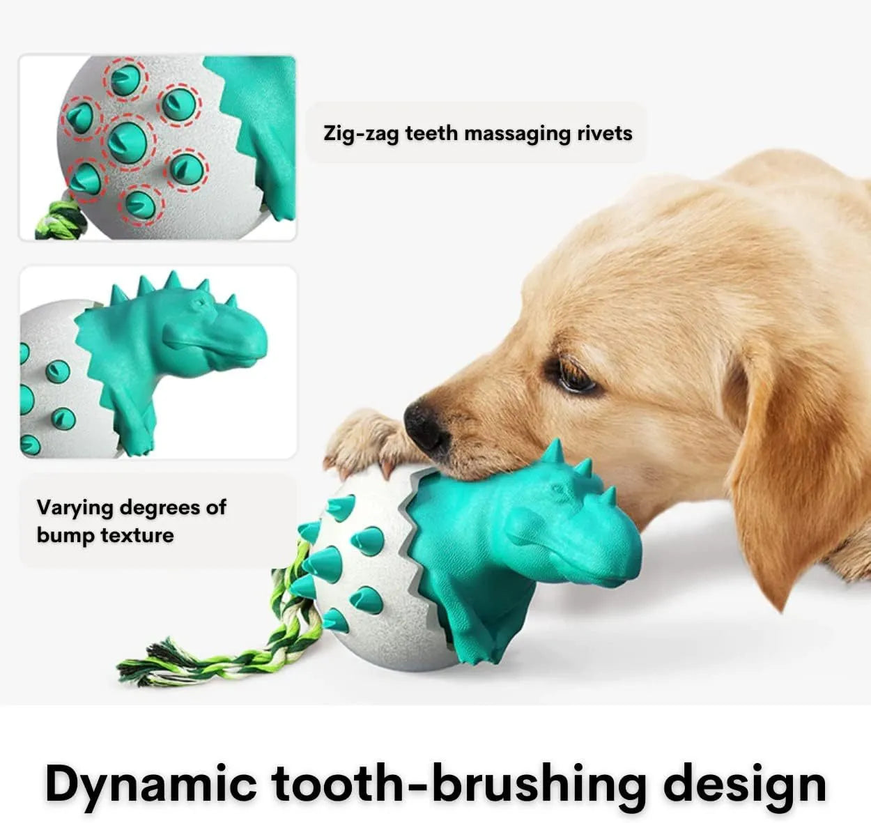 Blue dinosaur-shaped dog chew toy with an attached nylon rope on a neutral background.