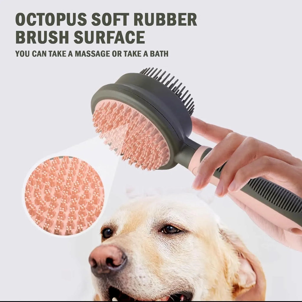 Double-sided cat brush with release button and flea comb in pink and green options