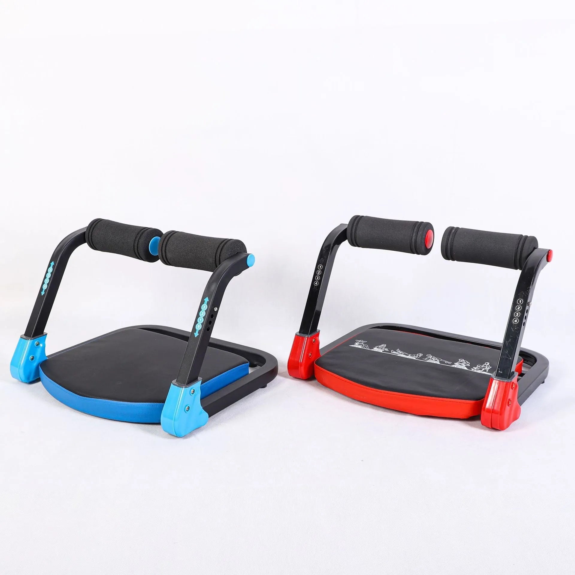 Sky blue and red portable mini abdominal exercise device for home and office fitness.