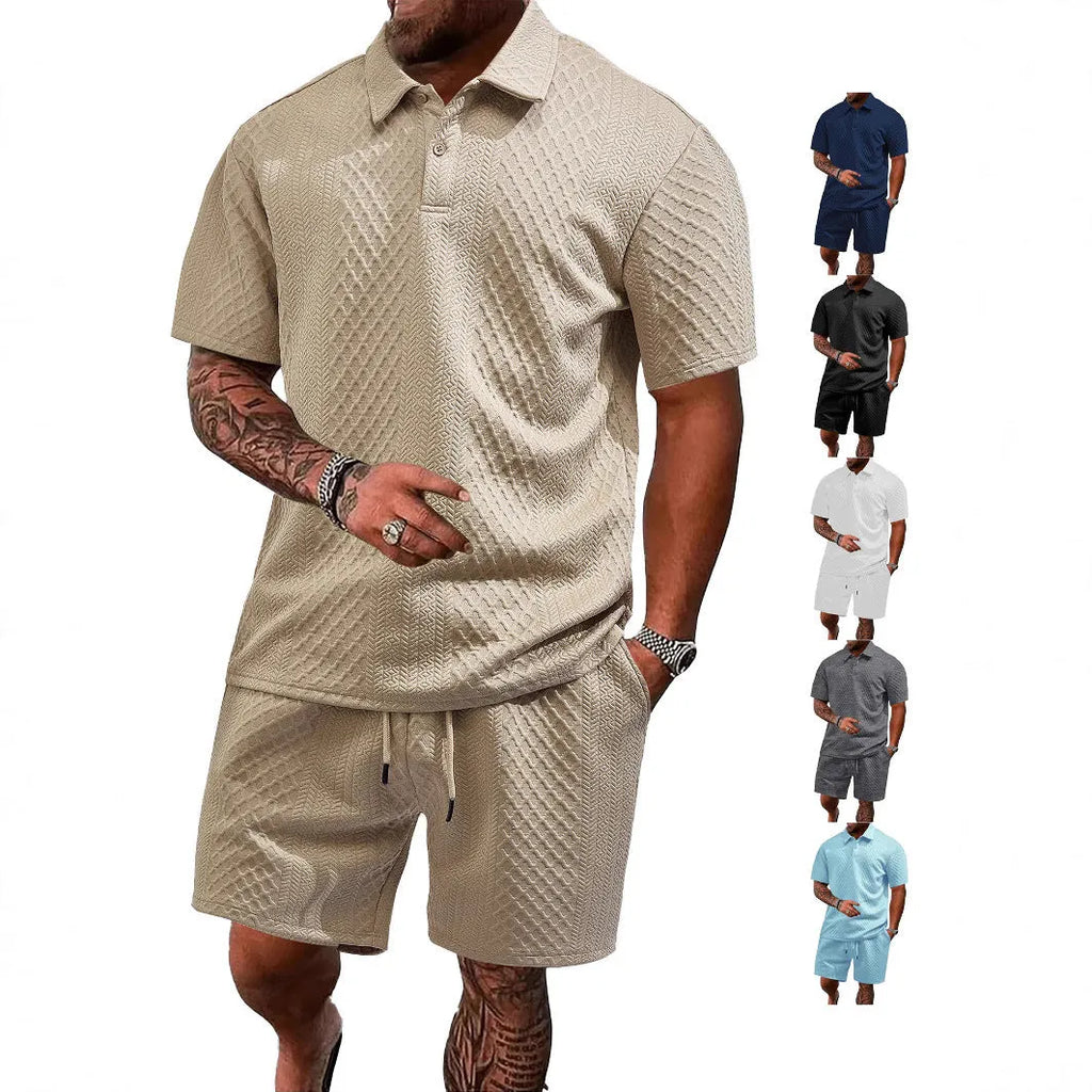 Men's patterned cloth casual suit with thin short sleeve polo shirt in multiple colour options