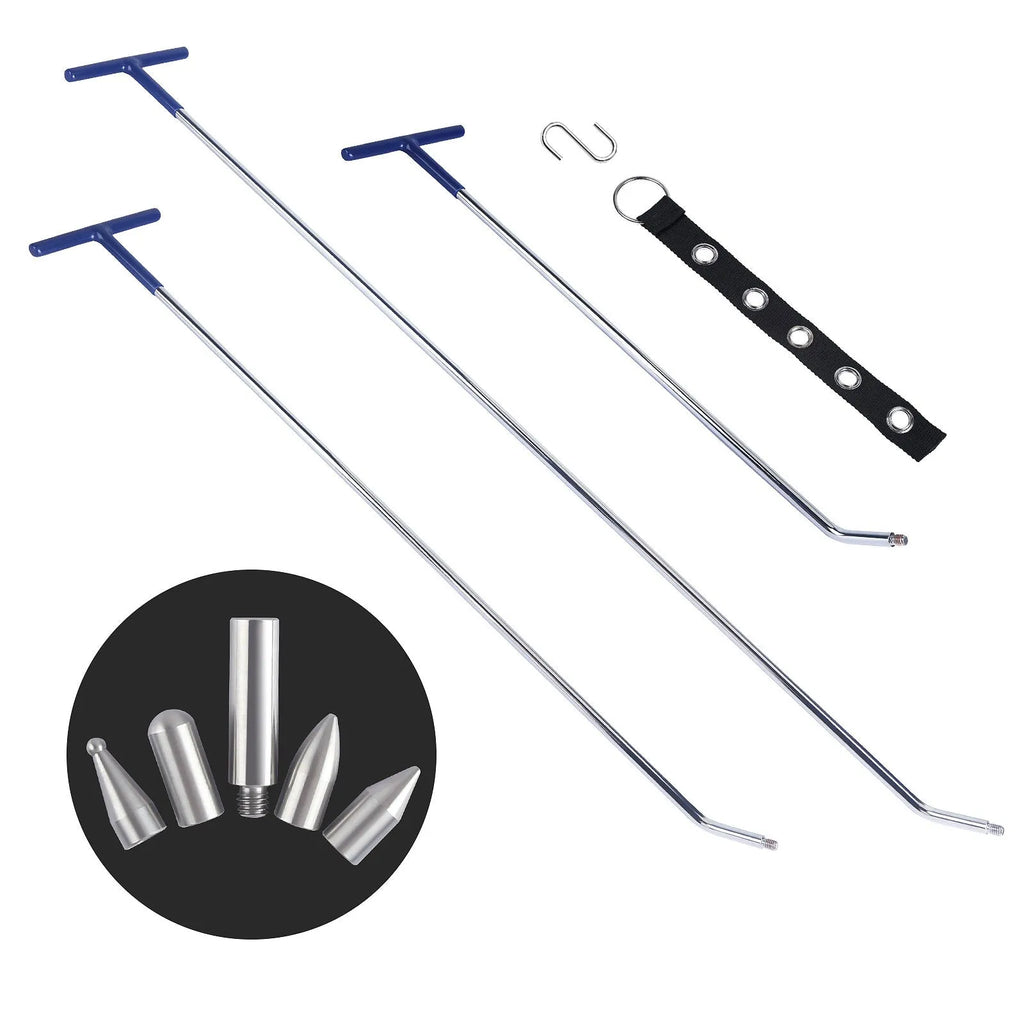 Three-piece alloy steel car dent repair tool set with hook crowbars for body panel maintenance