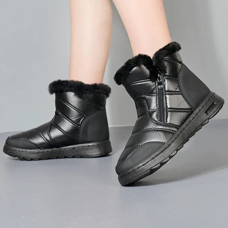 Women's fur winter snow boots with side zipper, high top, round toe, flat heel, available in black red silver