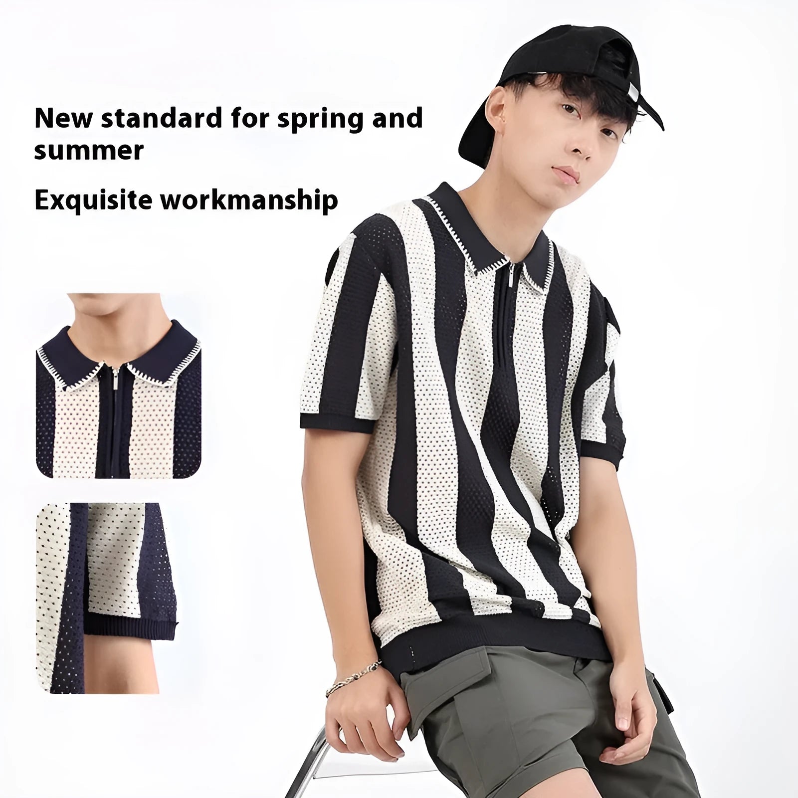 Man wearing short sleeve striped sweater with zipper decoration detail in viscose fabric