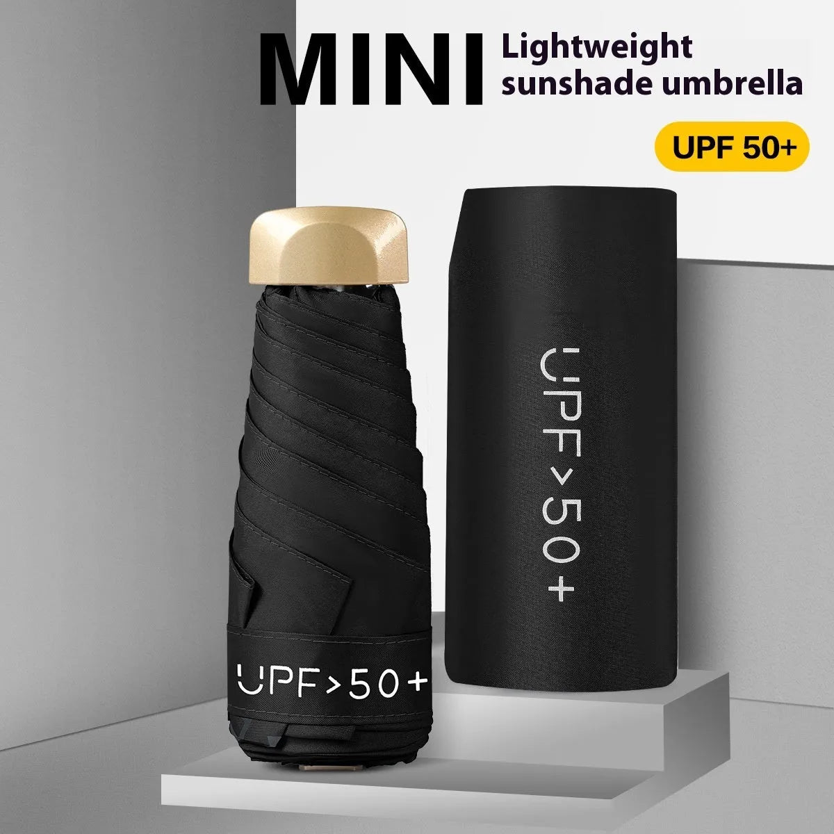 Closed five-fold compact pocket sun umbrella with a rubber handle, shown in a selection of available colours.