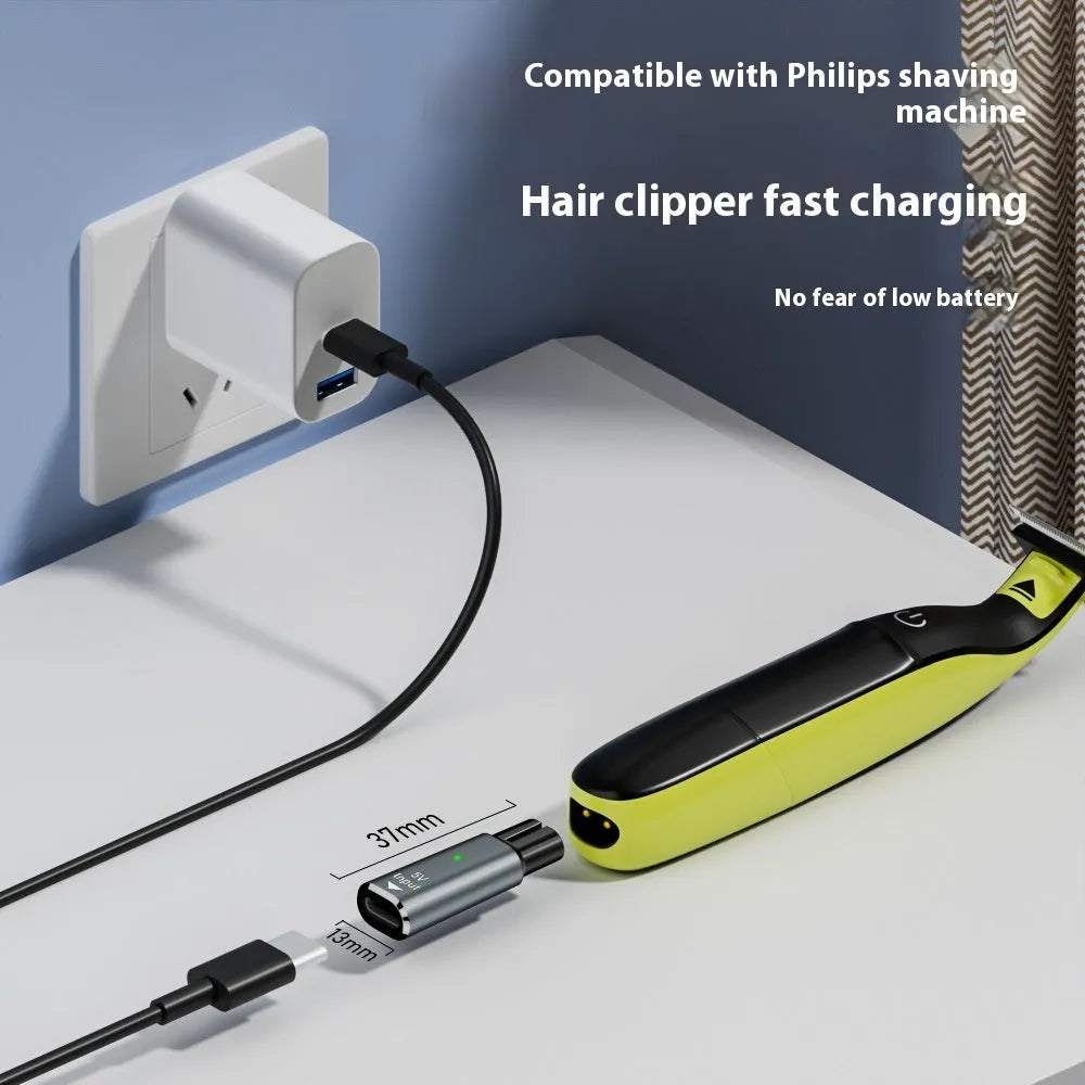 USB-C charging adapter for electric shavers and hair clippers in black or grey aluminium alloy housing