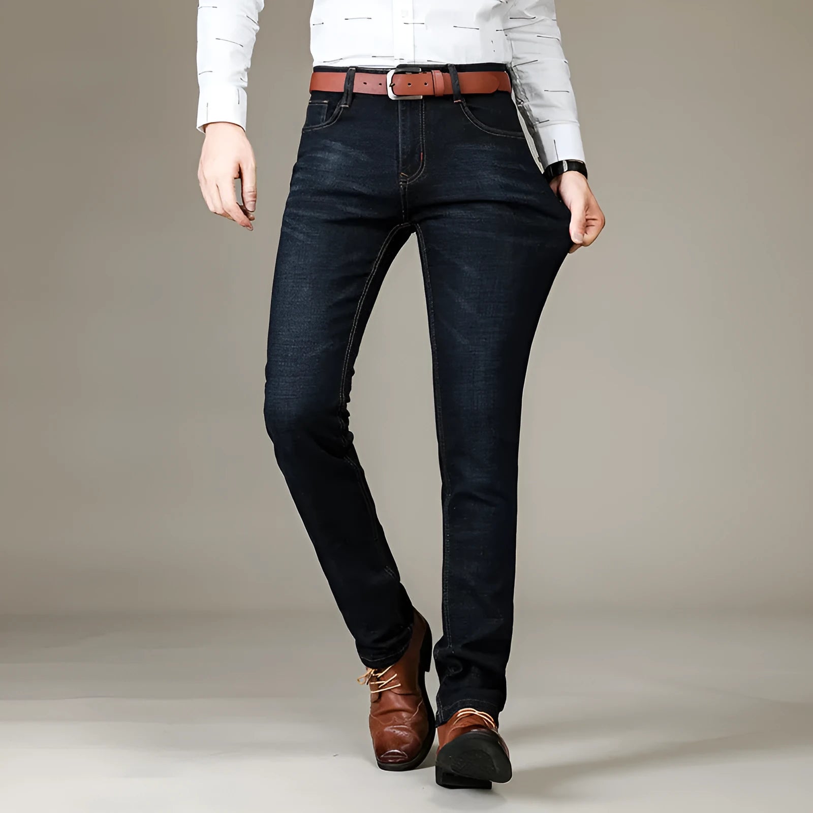 Men's slim fit elastic straight jeans in black cotton denim, full length view