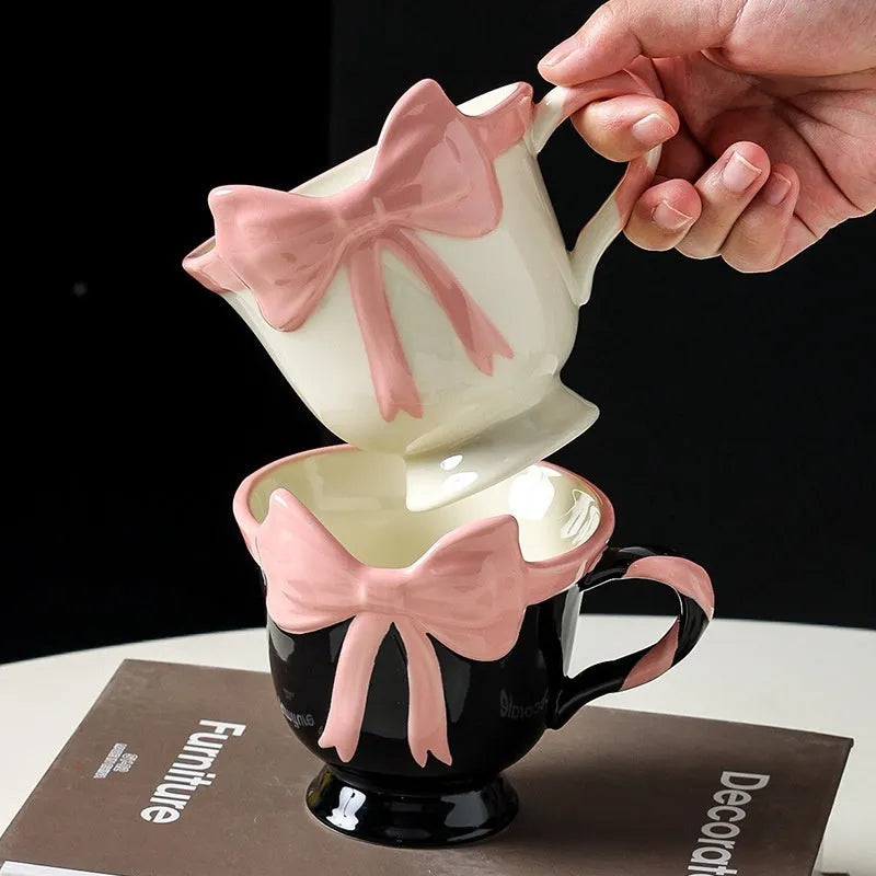 Ceramic heart bow mug in black pink or white powder with 301-400ml capacity
