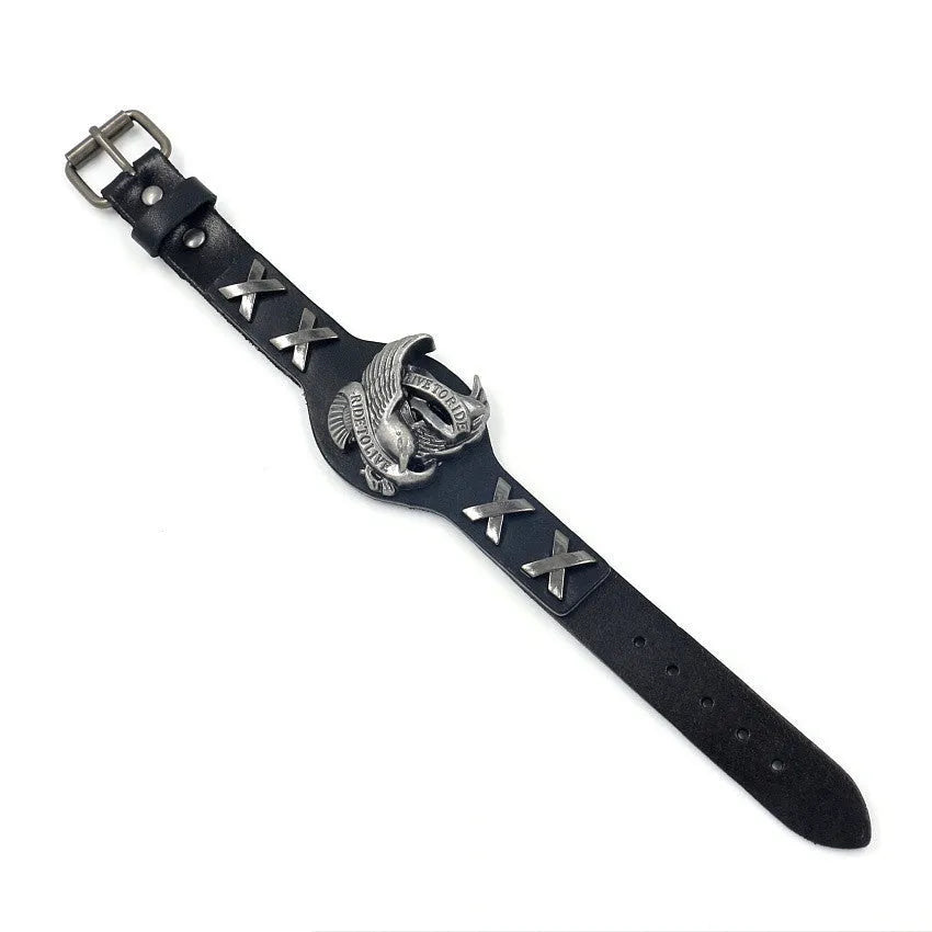 Black leather geometric bracelet with alloy eagle watch-butttom closure, showing varying widths along 26cm length