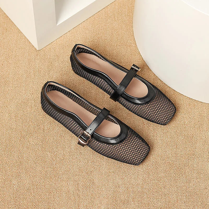 Women's summer mesh pumps with hollow out design, buckle closure, and low flat heel in multiple colour options