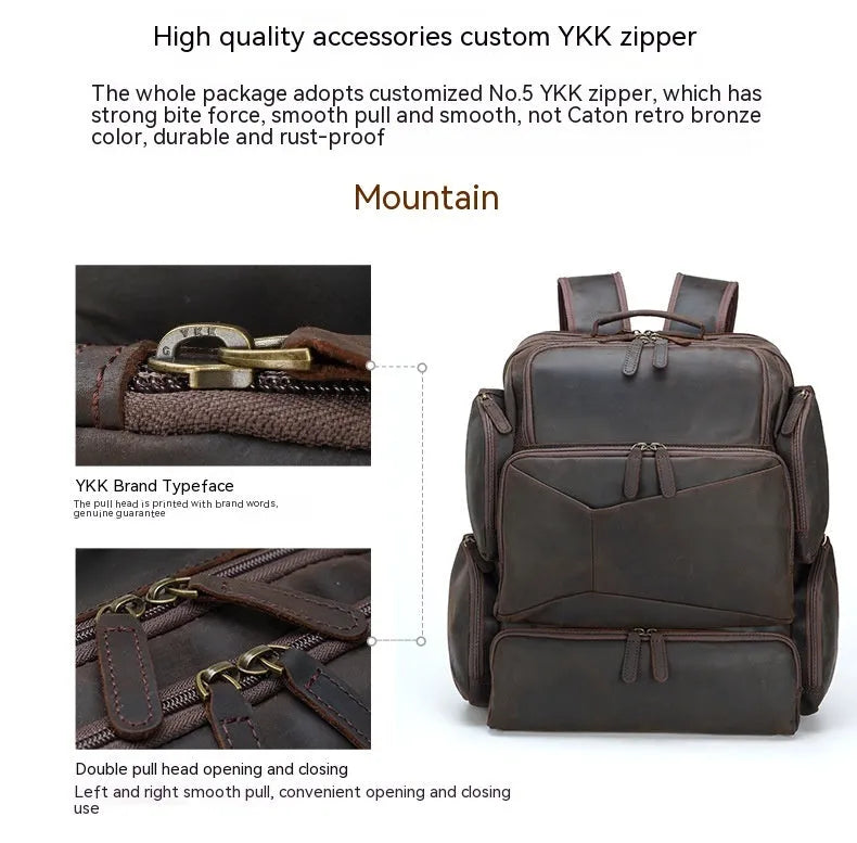 Dark brown retro leather backpack for men showing front view and open compartments.