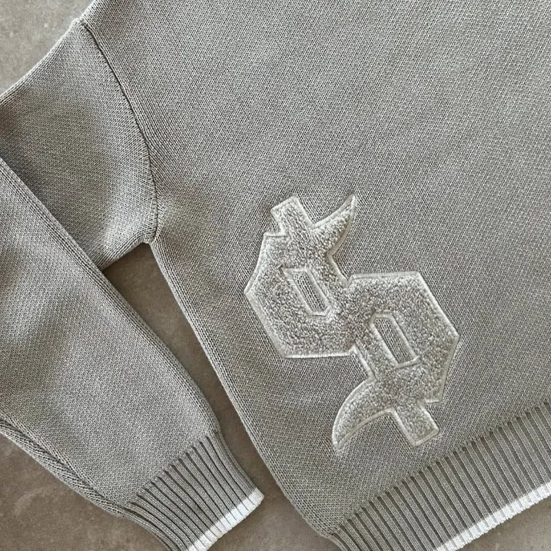 Grey jacquard knitwear coat with loose fit and long sleeves