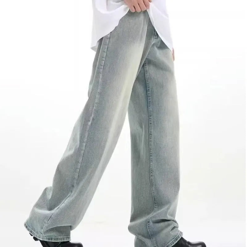 Blue retro loose fit casual trousers made from rabbit fur fabric on a neutral background.