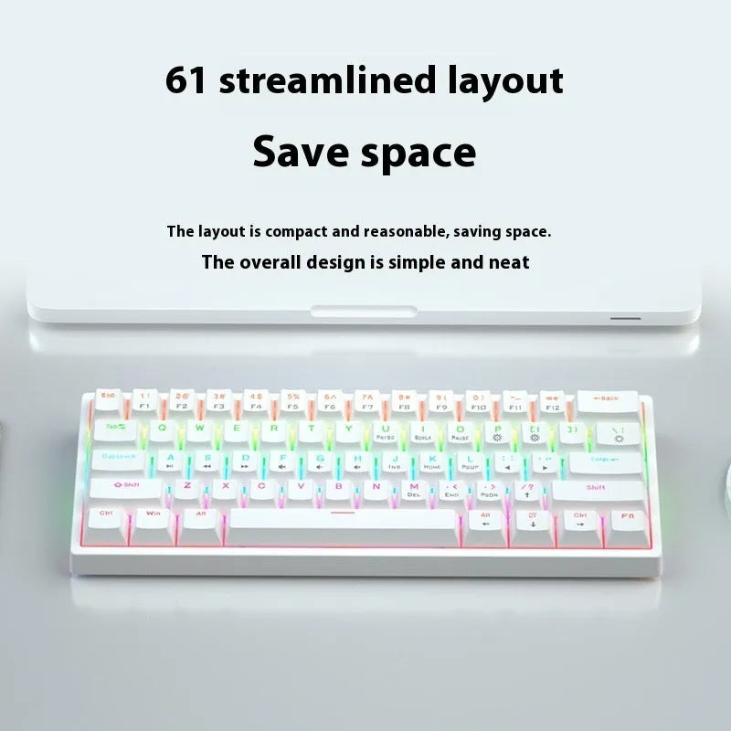 61-key compact mechanical keyboard with blue-white tea switches and wired connection