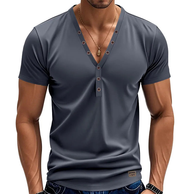 Men's loose V-neck pullover top in light blue with button detail, shown for sports casual wear.