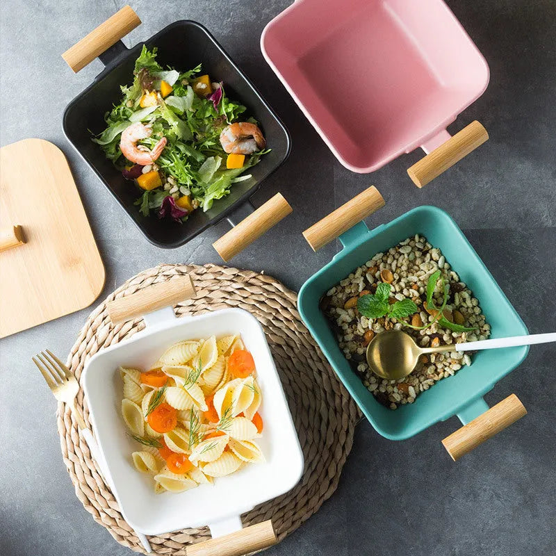 Creative irregular shaped porcelain bowl with lid in black, green, pink, or white colour.