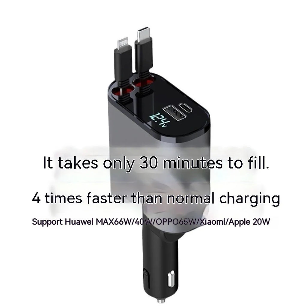 Retractable car charger with four USB ports, plugged into a vehicle cigarette lighter socket.