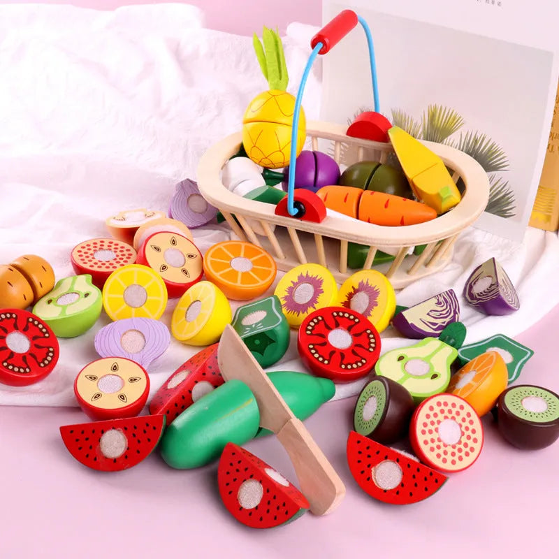 Wooden magnetic play food set with fruit and vegetable cutting toys in multiple colours for ages 3-6