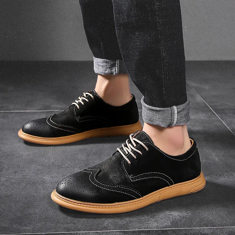 Men's genuine leather business shoes with lace-up design in black, gray, green, and sand colours