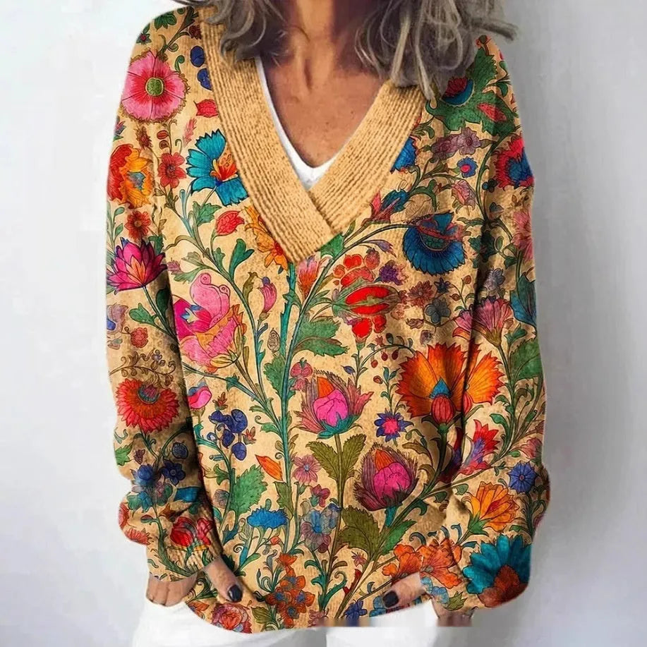 Women's V-neck long sleeve sweatshirt with a 3D printed floral pattern in a retro art style