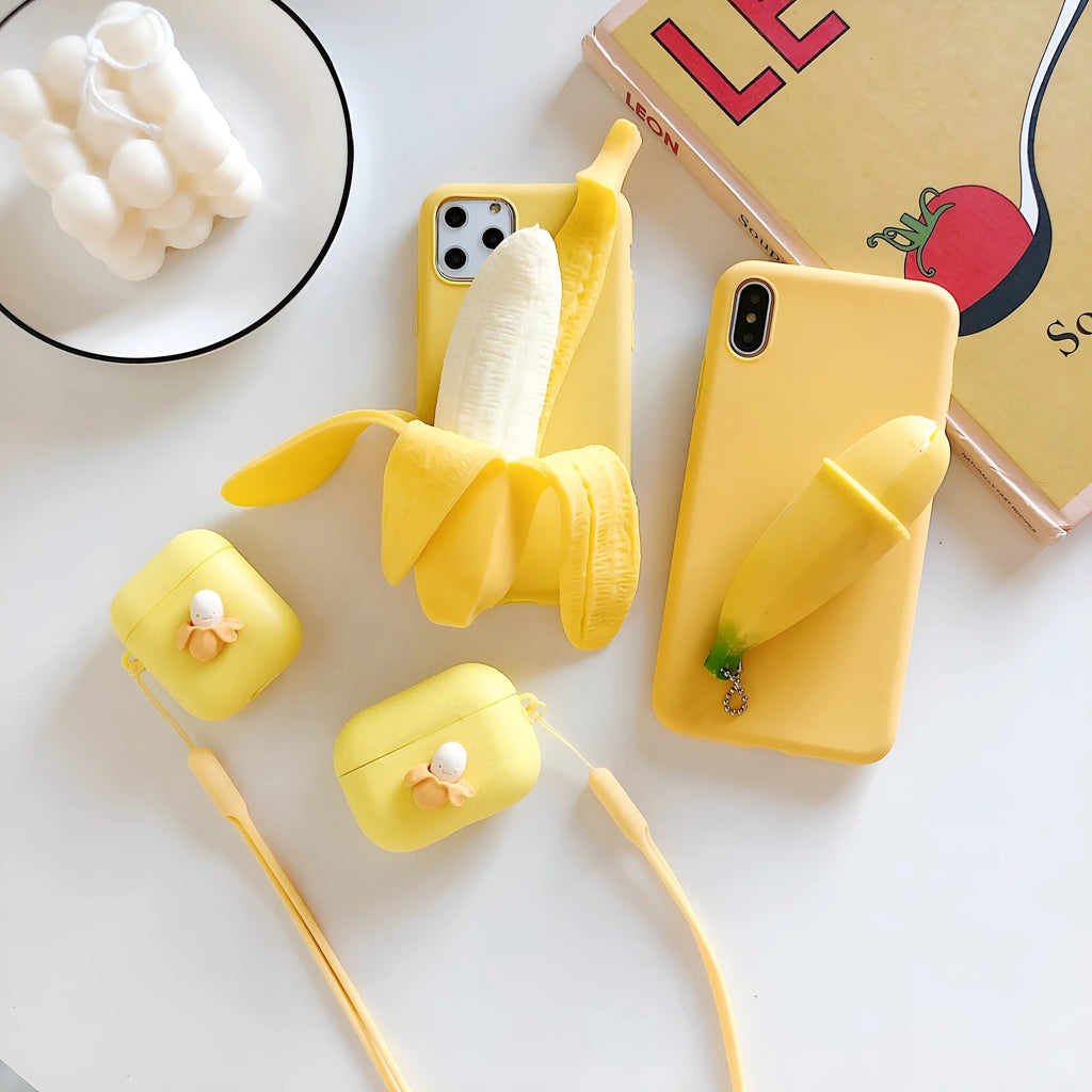 Hard back iPhone case with a solid colour and a graphic of an open banana peel.